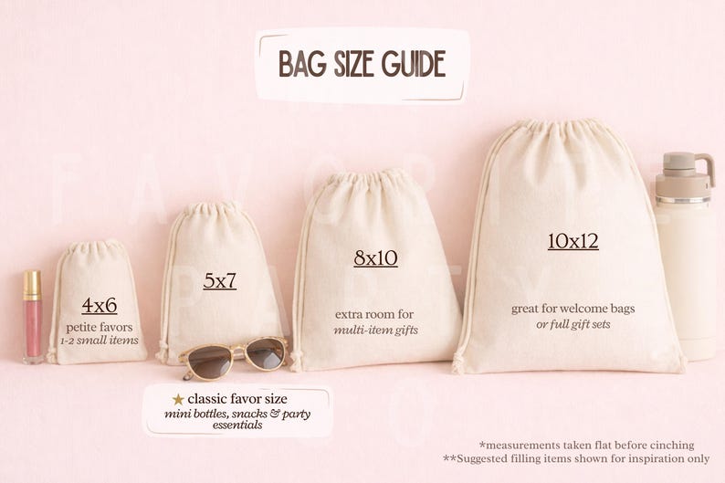 a collection of bags and accessories, including a bag size guide, a mini bottle, sunglasses, and a water bottle, all arranged on a pink background.