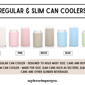 a collection of regular and slim can coolers in various colors, including white, pink, beige, blue, mint, and other slender beverages.