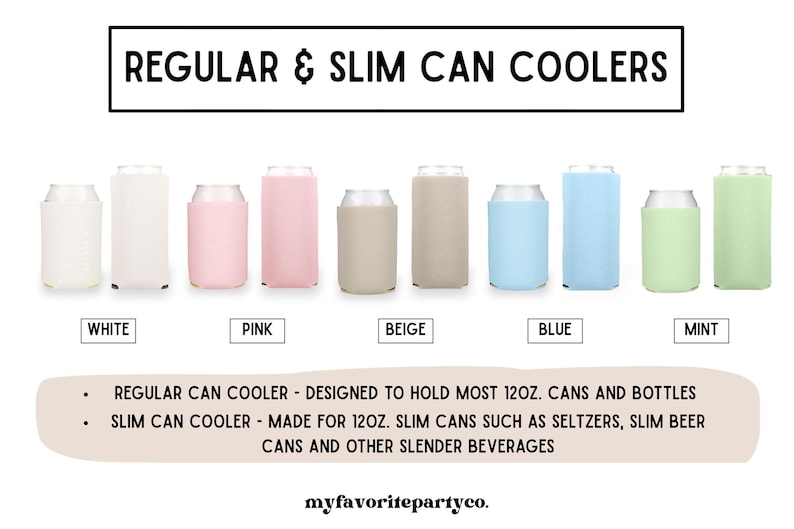 a collection of regular and slim can coolers in various colors, including white, pink, beige, blue, mint, and other slender beverages.