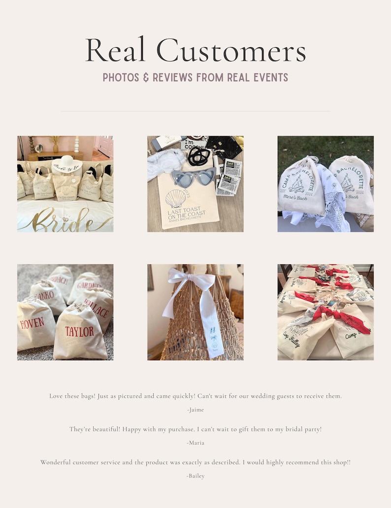 The image is a collage of six photos showcasing various items such as bags, accessories, and textiles, likely from real events or products.