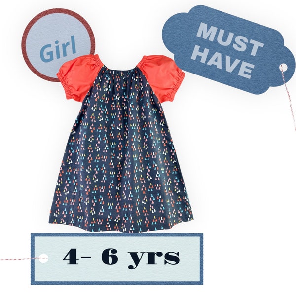 Comfy Handmade Organic Soft Cotton Gumdrop Peasants Dress - Dress Size 4T for Toddlers | Gift for Baby Birthday, Mothers.