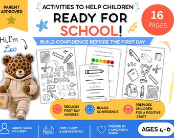 May include: A 16-page printable activity set titled Ready for School with black and white coloring sheets featuring school supplies, a feelings chart, and a My First Day of School form. A plush leopard named Leo wearing a hoodie and backpack is shown.