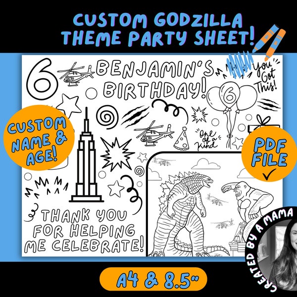 Godzilla V King Kong Theme Party Custom Coloring Page, Godzilla Coloring Page, Kong Party Favour, Godzilla Party Ideas