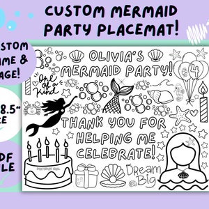 Custom Mermaid Birthday Coloring Placemat (Digital Download)