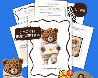 May include: Leo's Letter Print Club custom monthly well-being mail for children ages 6-10. Digital download featuring a leopard character in a hoodie holding a white envelope with a yellow star sticker. Includes activity sheets and challenge pages.