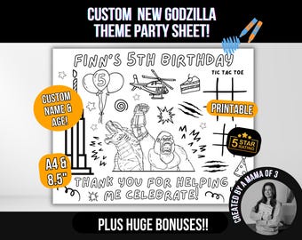 May include: A black and white printable party sheet with a Godzilla theme. It features a Godzilla-like monster, a helicopter, a cake, and a tic-tac-toe game. The text on the sheet says "Finn's 5th Birthday" and "Thank you for helping me celebrate!"