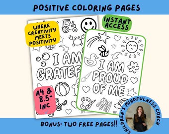 May include: Two printable coloring pages featuring black and white line art with the text I AM GRATEFUL and I AM PROUD OF ME. The pages include illustrations of a tractor, smiley face, sun, bee, and art supplies. Text includes A4 & 8.5 IN.