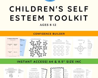 May include: A digital Children's Self Esteem Toolkit for ages 8-12, featuring a collection of printable worksheets including mirror affirmations, star-shaped goal trackers, and confidence-building exercises in A4 and 8.5 inch sizes.