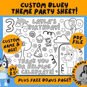 Personalised Bluey Theme Party Coloring Page, Bluey Party Activity, Bluey Party Favor, Blue Party Idea, Kids Bluey Party Ideas & Decorations