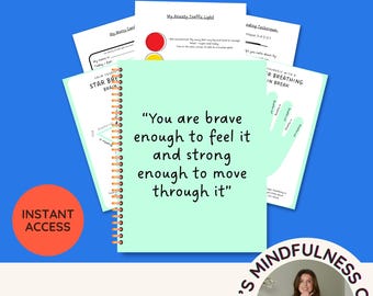 May include: A Children Anxiety Toolkit Teacher & SENCO Edition spiral-bound notebook with a light green cover featuring the text: You are brave enough to feel it and strong enough to move through it. Includes worksheets for ages 8-12, A4 and 8.5 inch.