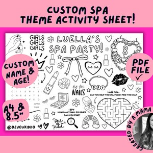 Kids Spa Party Activity Page, Custom Kids Spa Party Favour, Girls Spa Party Ideas, Girls Spa Party Sheet, Girls Spa Party Decorations