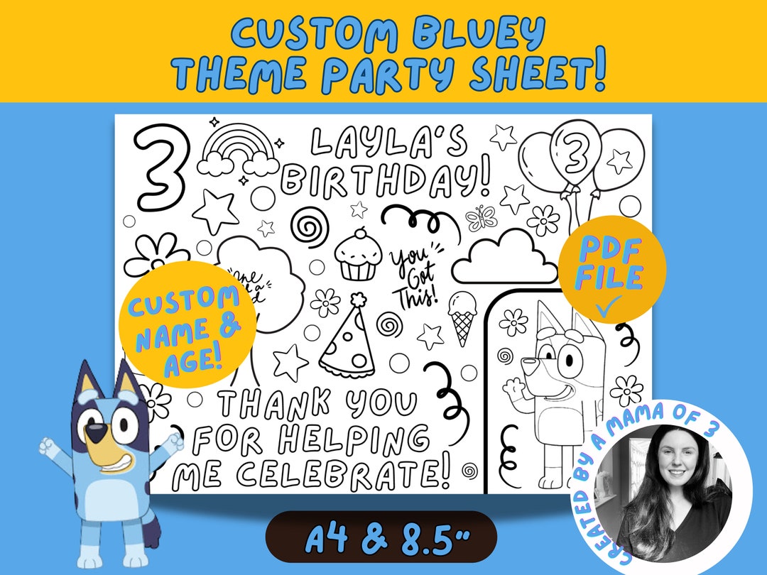Personalised Bluey Theme Party Coloring Page, Bluey Party Activity