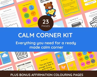 May include: A 23-page Calm Corner Kit featuring printable activity sheets, including a gratitude journal, feeling jars, calm down plans, and affirmation coloring pages. The kit includes colorful illustrations of a bear, a rabbit, and various shapes.