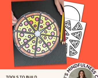 May include: An emotional regulation pizza wheel activity with a colored pizza graphic, two black and white printable sheets, and colored pencils. The text reads EMOTIONAL REGULATION PIZZA WHEEL, TOOLS TO BUILD KIDS CONFIDENCE, and INSTANT ACCESS | 8.5" & A4 INC.