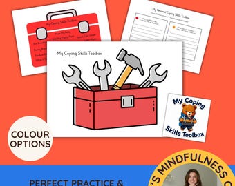 May include: A Kids Coping Skills Toolkit educational resource featuring a red toolbox illustration with tools, a My Personal Coping Skills Toolbox worksheet, and a bear graphic. Text includes Kids Coping Skills Toolkit, Emotional Regulation, and Ages 7-11 | A4 & 8.5" INC.