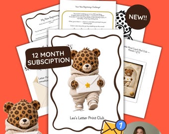 May include: A digital download set titled Leo's Letter Print Club, featuring custom monthly well-being mail for children ages 6-10. The collection includes printable activity sheets with a leopard character, a 12-month subscription, and a challenge page.