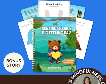 May include: A spiral-bound book titled Benedict Bear's Big Feeling Day featuring a brown bear holding a yellow heart, surrounded by educational activity sheets including Bunny Breathing and a traffic light graphic, labeled for ages 4-6 and 8.5 inches.