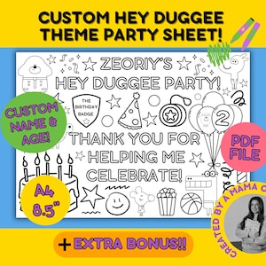 Hey Duggee Theme Birthday Party Placemat, Customised Hey Duggee Colouring Party Sheet, Printable Hey Duggee