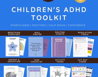 May include: A digital Children's ADHD Toolkit with 21 pages, featuring mindfulness, routine, and regulation resources. Includes breathing exercises, wall posters, routine charts, task checklists, activity pages, and cut-out cards in A4 and 8.5 inch sizes.
