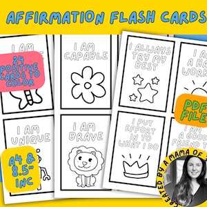Tarjetas didácticas para colorear de afirmación para niños, tarjetas para colorear imprimibles para niños, actividad para colorear para niños