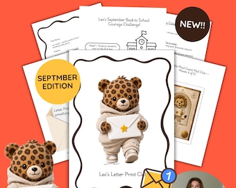 May include: Leo's Letter Print Club custom monthly well-being mail for children ages 6-10 digital download. Features a leopard character in a hoodie holding a white envelope with a yellow star sticker, plus activity sheets with text.