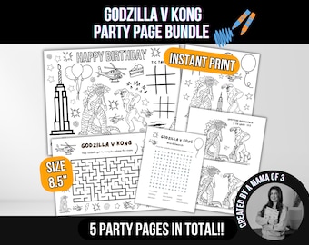 May include: Five printable black and white party pages featuring Godzilla and Kong characters. The pages include a birthday greeting, a tic-tac-toe game, a maze, a word search, and a spot the difference game. The pages are 8.5 inches in size.