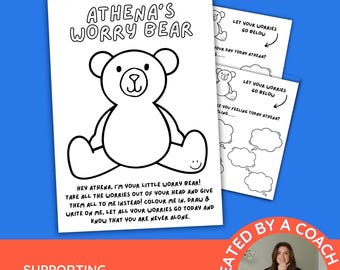 May include: A printable activity sheet titled Athena's Worry Bear featuring a black and white line drawing of a teddy bear. The text includes instructions to color and write worries. Additional pages show prompts for feelings and thought bubbles.