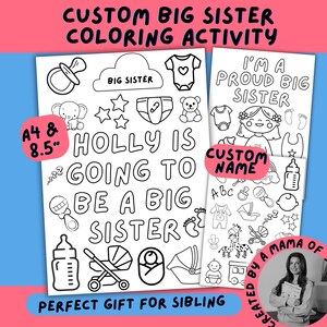 Custom Big Sister Coloring Activity Pages, Big Sister Sibling Gift Idea, New Baby Sibling Gift Idea, New Baby Announcement, Big Sister