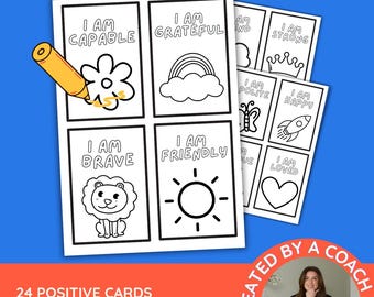 May include: A set of printable kids affirmation flash cards featuring black and white line drawings of a flower, rainbow, lion, and sun with text including I AM CAPABLE, I AM GRATEFUL, I AM BRAVE, and I AM FRIENDLY, with a yellow pencil graphic.