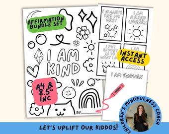 May include: A printable affirmation bundle set featuring black and white line art coloring pages with text including I AM KIND, I ALWAYS TRY MY BEST, I AM A HARD WORKER, I PUT EFFORT IN TO WHAT I DO, and I AM ENOUGH, with a pink crayon graphic.