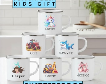 Hot Chocolate Mug with Kids Name - Personalized Camp Mug for Boy or Girl -Shatterproof Enamel Cup for Toddlers - Christmas Eve Box Filler