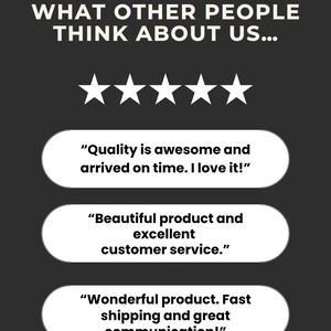 May include: A dark gray graphic with white text that reads "WHAT OTHER PEOPLE THINK ABOUT US..." and five white stars. Below are three customer reviews in white text.