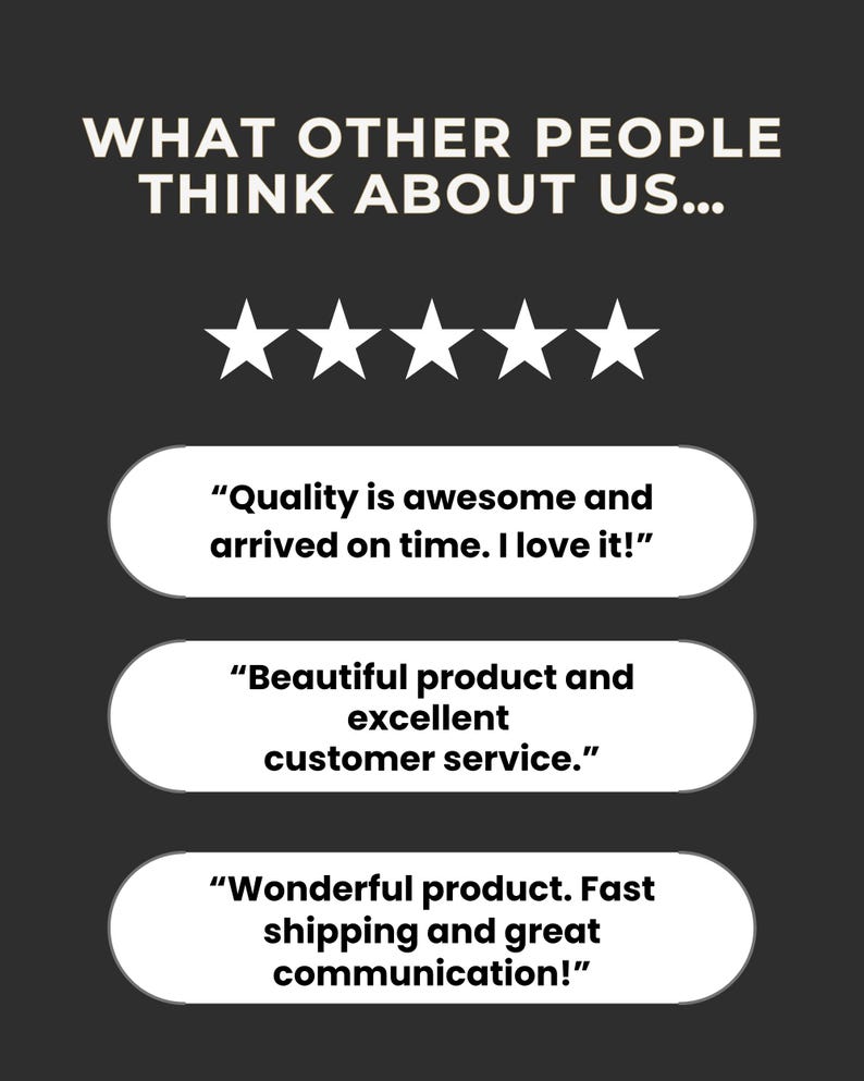May include: A dark gray graphic with white text that reads "WHAT OTHER PEOPLE THINK ABOUT US..." and five white stars. Below are three customer reviews in white text.