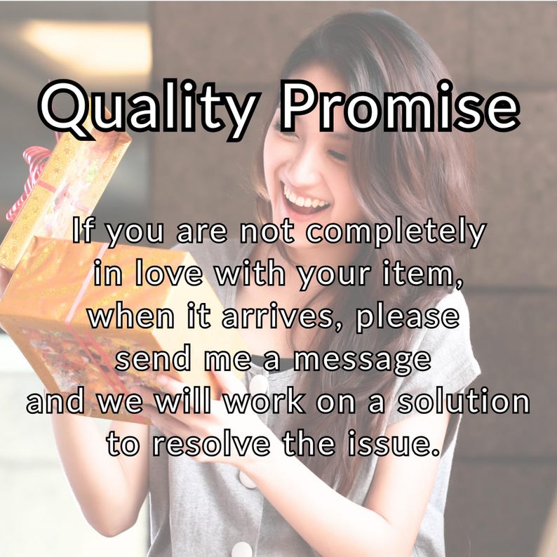 May include: A woman smiling while opening a gift box. The box is gold with a red ribbon. Text on the image reads "Quality Promise" and a message about resolving issues with the item.