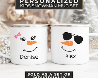 Personalized Kids Hot Chocolate Mug Set – Christmas Snowman Mugs – Custom Name Enamel Camp Mug for Toddlers