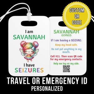 Personalized Medical Alert Luggage Tag for Child with Seizures - Emergency Instructions, QR Code Contact Info, Seizure Alert, Medical ID