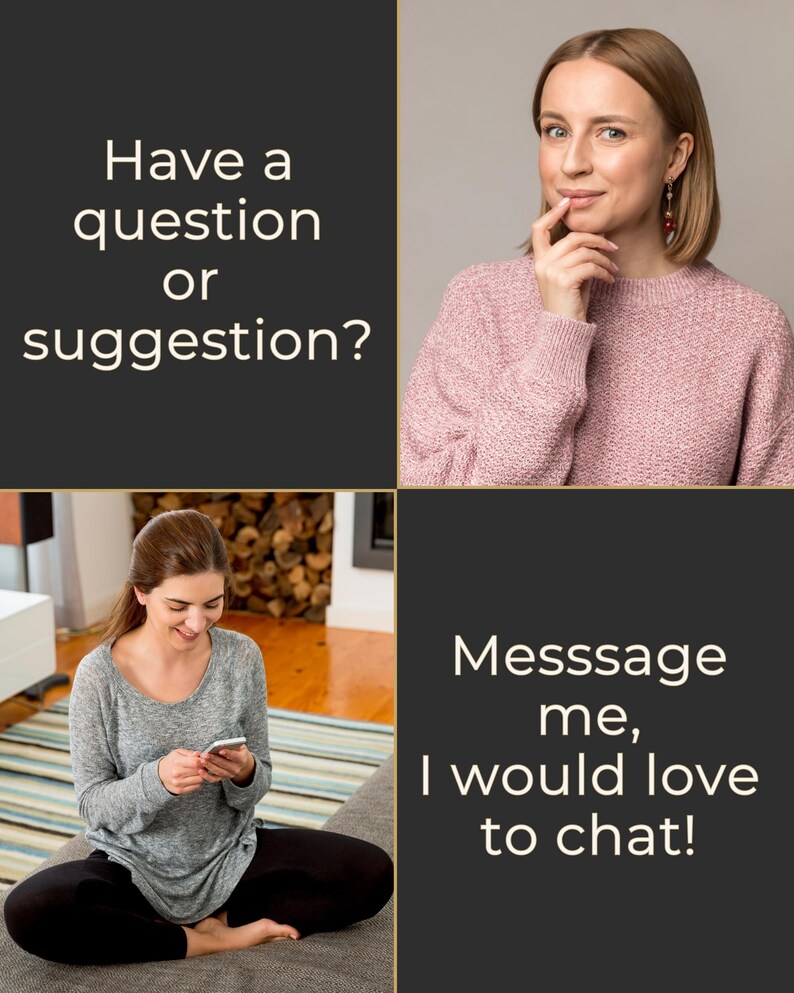 May include: A four-panel image with text and people. The top left panel says "Have a question or suggestion?" The top right shows a woman in a pink sweater. The bottom left shows a woman using a phone. The bottom right says "Message me, I would love to chat!"