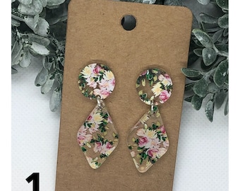Mini Acrylic Dangle Earrings with Post | Floral Earrings | Floral Dangles | Stud Dangles | Acrylic Dangle Earrings | Small Dangles