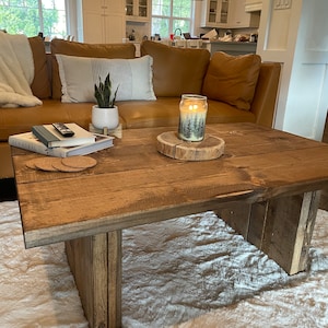 Solid Spruce Farmhouse Coffee Table, Rustic Living Room Centerpiece, Stained Wood Furniture