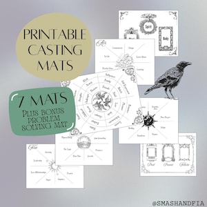 Può includere: Tappetini di lancio stampabili con vari disegni, tra cui un'illustrazione di corvo e grafici circolari. Il set include sette tappetini più un tappetino bonus per la risoluzione dei problemi. Il testo sull'immagine recita "Printable Casting Mats" e "7 Mats Plus Bonus Problem Solving Mat."