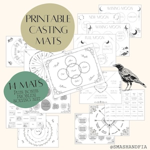 Może przedstawiać: Zestaw drukowanych mat do rzucania z różnymi wzorami, w tym kołami, fazami księżyca i diagramami. Maty są czarno-białe z ozdobnymi obramowaniami i tekstem. Dołączona jest również ilustracja kruka. Tekst na matach brzmi "Printable Casting Mats" i "14 Mats Plus Bonus Problem Solving Mat."