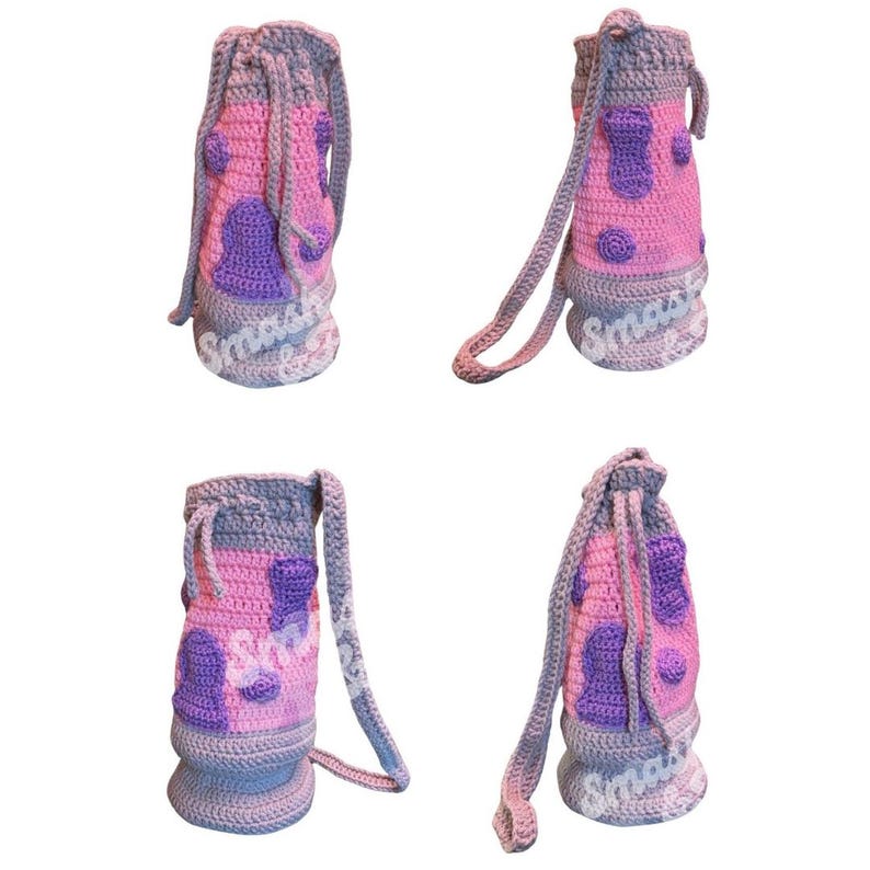 May include: A pink and purple crocheted drawstring bag with a long strap. The bag has a polka dot pattern and a purple heart design.