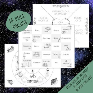 May include: A collection of printable problem-solving mats with a celestial background. The mats include prompts and illustrations for self-reflection and relationship guidance. Text includes "14 FULL PAGES" and "PLUS BONUS PROBLEM SOLVING MAT 15 MAT BUNDLE!"