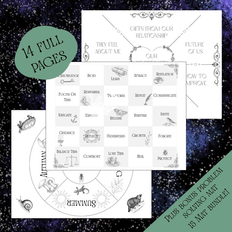 May include: A collection of printable problem-solving mats with a celestial background. The mats include prompts and illustrations for self-reflection and relationship guidance. Text includes "14 FULL PAGES" and "PLUS BONUS PROBLEM SOLVING MAT 15 MAT BUNDLE!"