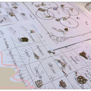 May include: A collection of small, silver charms and pendants scattered on printed charts with text. The charts feature words like "Career," "Love Life," and "Excitement." The charms include various shapes, such as a key, a pentagram, and a knot.