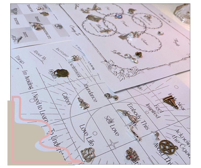 May include: A collection of small, silver charms and pendants scattered on printed charts with text. The charts feature words like "Career," "Love Life," and "Excitement." The charms include various shapes, such as a key, a pentagram, and a knot.