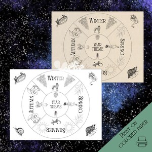 May include: Two circular charts with seasonal illustrations and the text "Year Theme." One is on white paper, the other on tan paper. The charts are divided into sections labeled "Autumn," "Winter," "Spring," and "Summer." The text "Print on Colored Paper" is also visible.