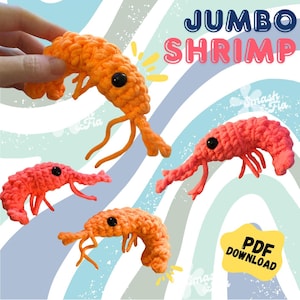 May include: Four crocheted shrimp in shades of orange and red, each with black eyes and long, thin antennae. The text "JUMBO SHRIMP" is displayed in a playful font. A yellow banner reads "PDF DOWNLOAD".