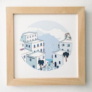 Villaggio tradizionale greco, illustrazione quadrata, stampa artistica giclée, quadrato, decorazione murale, estate in Grecia, di artista greco, realizzato in Grecia