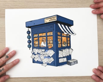 The Periptero, traditional Greek newspapers kiosk, Greek Art,  Print illustration A4 giclée, made in Greece, Greek style, retro Athens